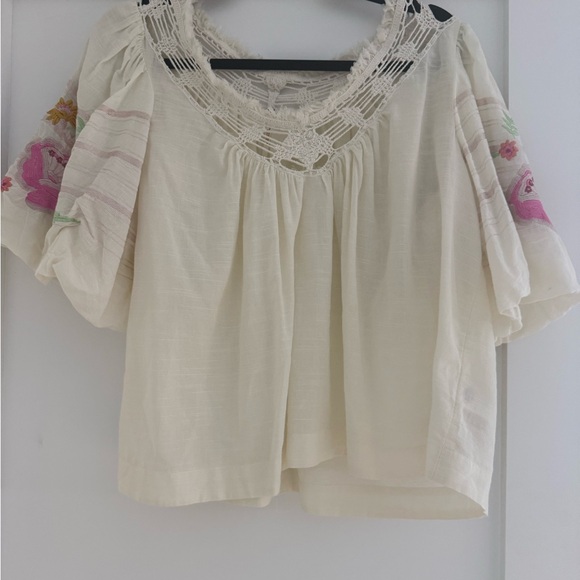 Free People Cream Crochet Yoke Embroidered Flutter Top - Picture 2 of 4